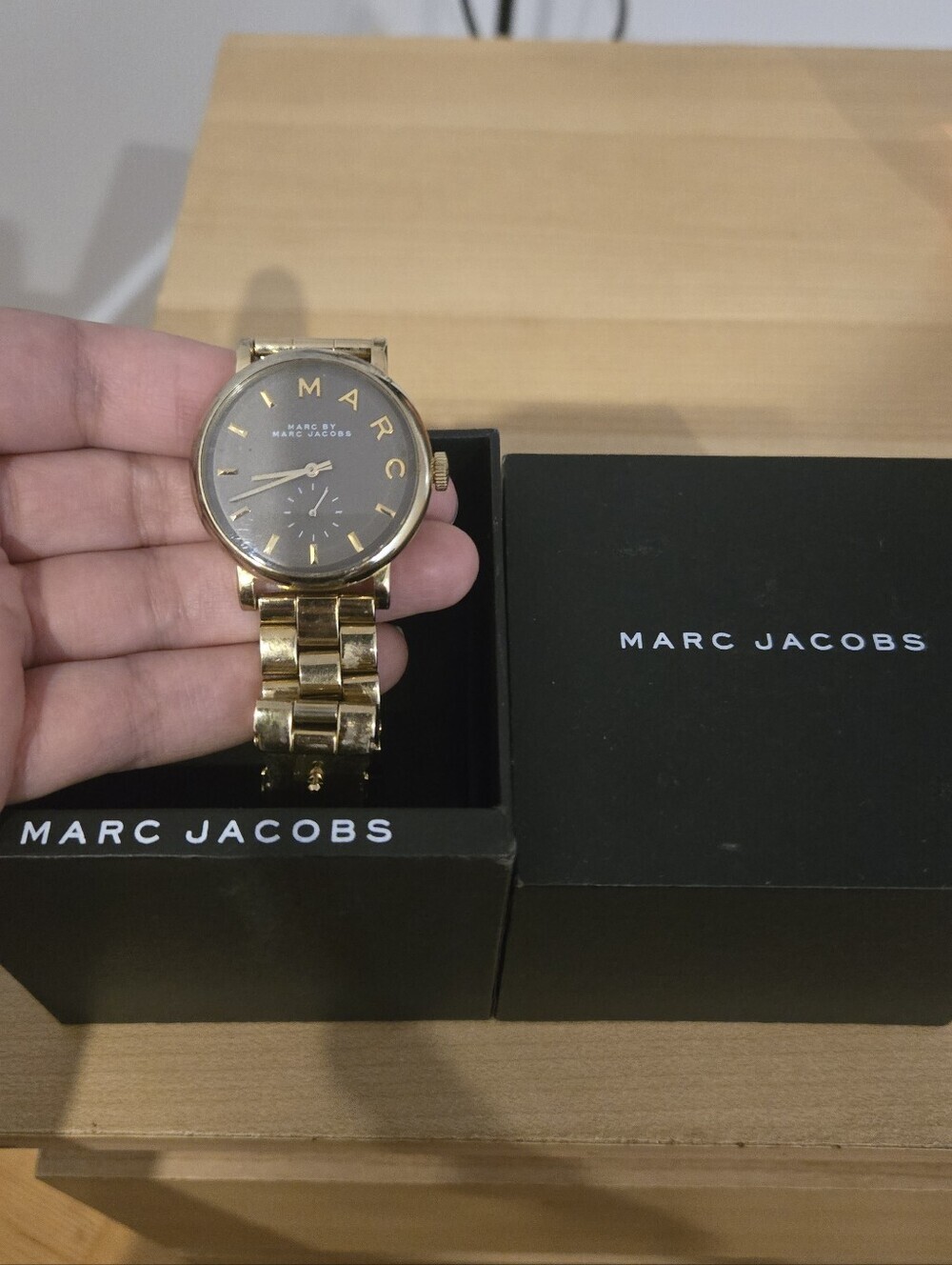 Marc Jacobs Gold Tone Bracelet Watch with Black Dial